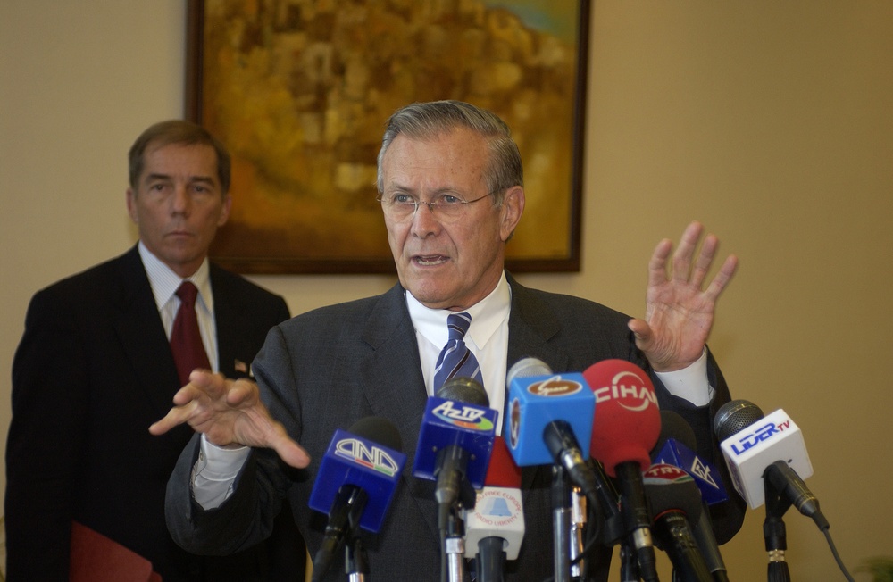 Secretary of Defense Donald H. Rumsfeld speaks during a press conference in Baku, Azerbaijan.
