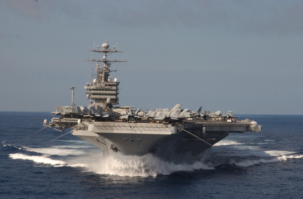 The aircraft carrier USS Stennis picks up speed as she steams through the western Pacific Ocean.