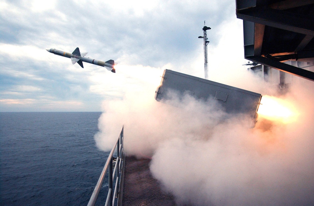 A NATO Sea Sparrow missile is launched during a live-fire missile exercise.