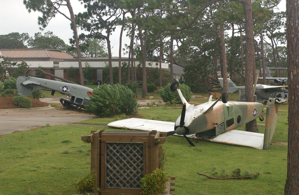 Planes lie overturned and damaged in the wake of Hurricane Ivan.