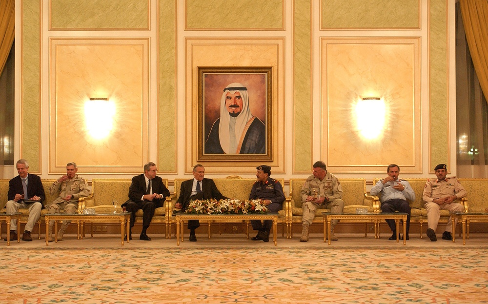Secretary Rumsfeld meets with Chief of Staff of the Kuwait Armed Forces Lt. Gen. Fahad Ahmad al-Amir.