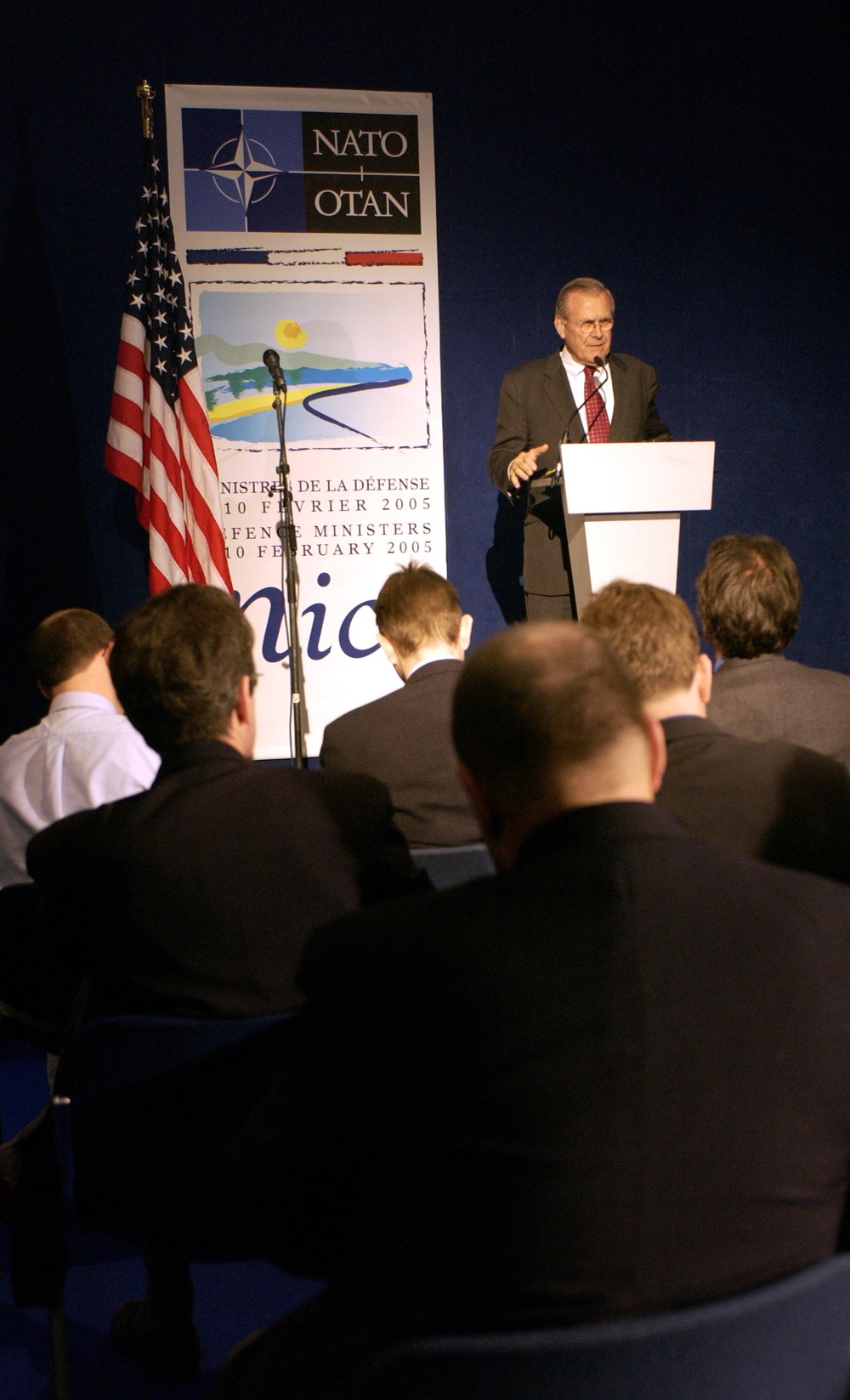 Secretary of Defense Donald H. Rumsfeld holds a press conference.