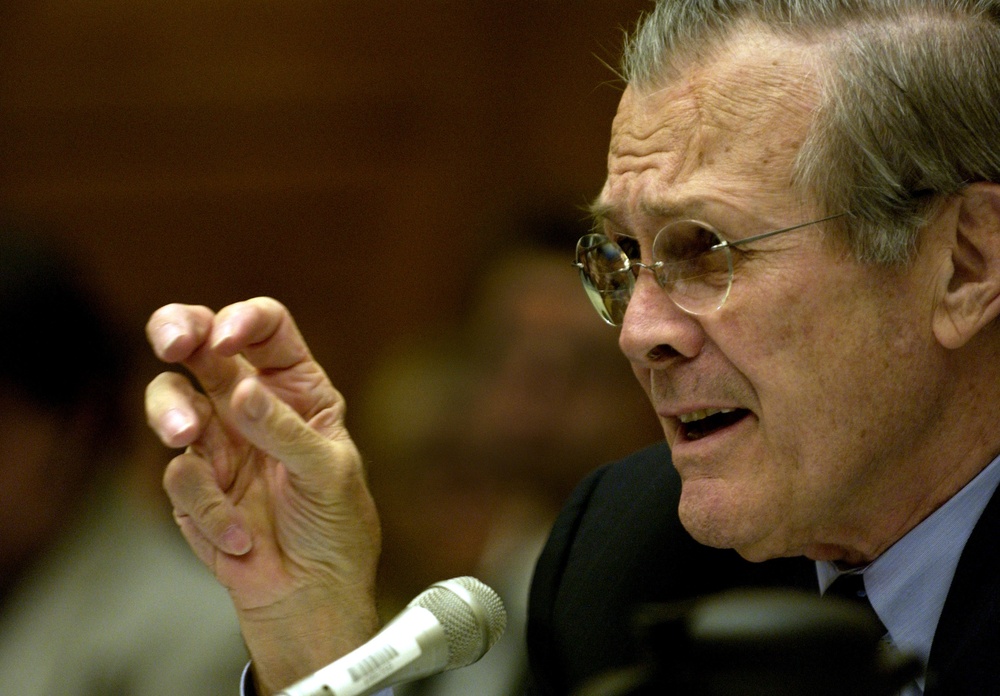 Secretary of Defense Donald H. Rumsfeld responds to a representative's question.