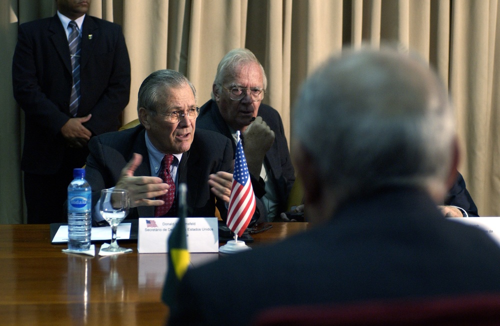 Secretary Rumsfeld gives his opening remarks at a bilateral meeting.
