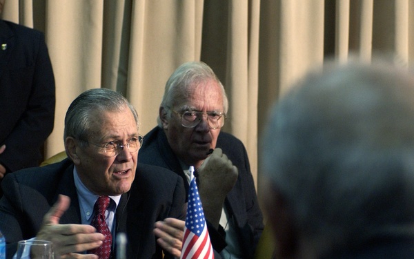Secretary Rumsfeld gives his opening remarks at a bilateral meeting.