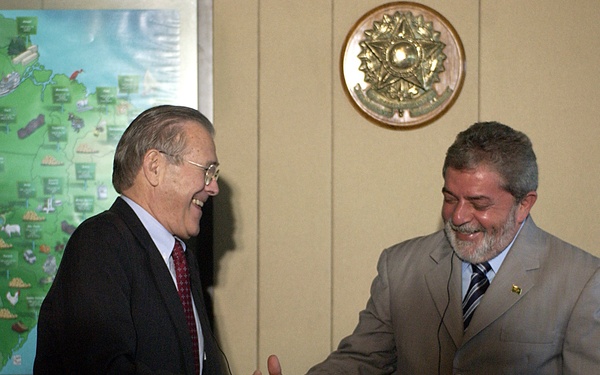 Secretary Rumsfeld is warmly welcomed by Brazil's President Luiz Inacio Lula Da Silva.
