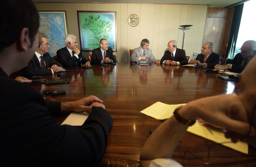 Secretary of Defense Donald H. Rumsfeld attends a bilateral meeting.