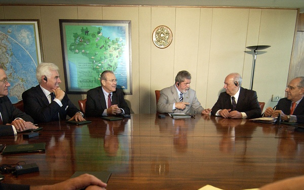 Secretary of Defense Donald H. Rumsfeld attends a bilateral meeting.