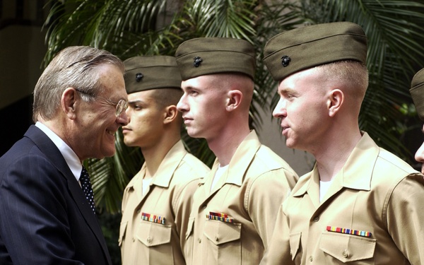 Secretary Rumsfeld meets with U.S. Marines from the Marine Security Guard Detachment.