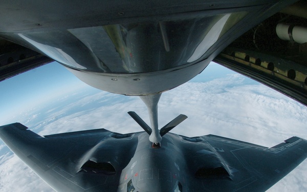 A B-2 Spirit multi-role bomber conducts air refueling operations.