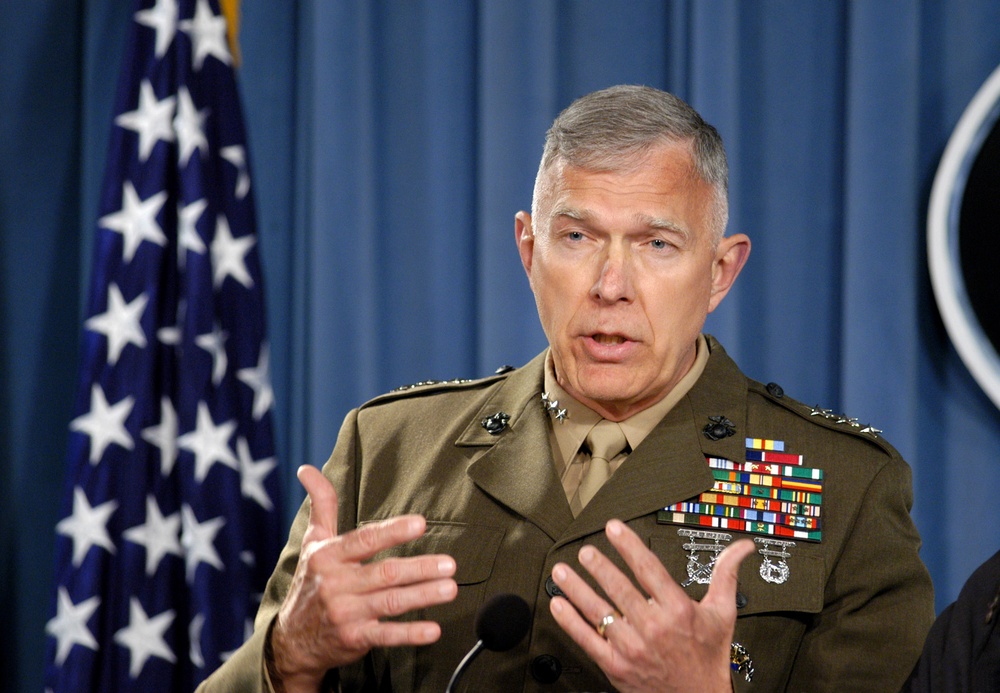 Lt. Gen. James T. Conway, U.S. Marine Corps, answers a reporter's question.