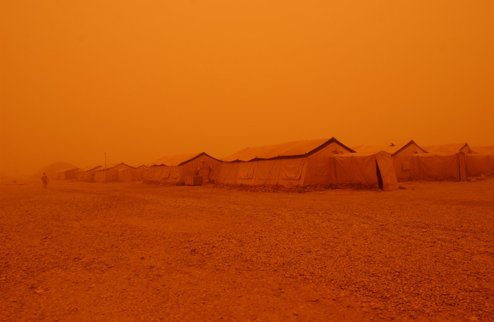 A sand storm hovers over Tallil Air Base, Iraq.