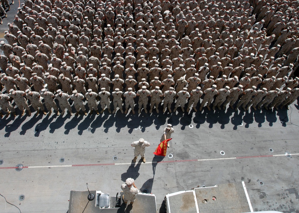 Gen. Michael Hagee addresses a formation of Marines and sailors.