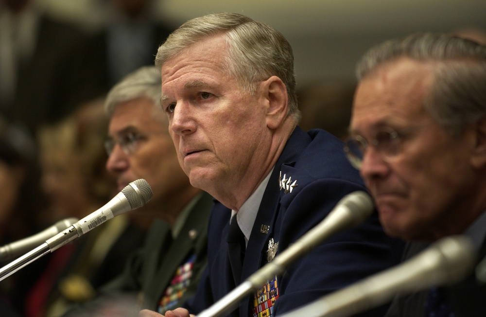 Gen. Richard Myers listens to a question during a House Armed Services Committee hearing.