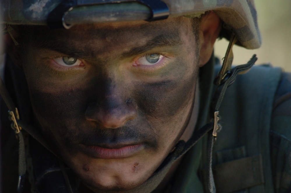 U.S. Army Pfc. Justin Drake maintains a defensive position.
