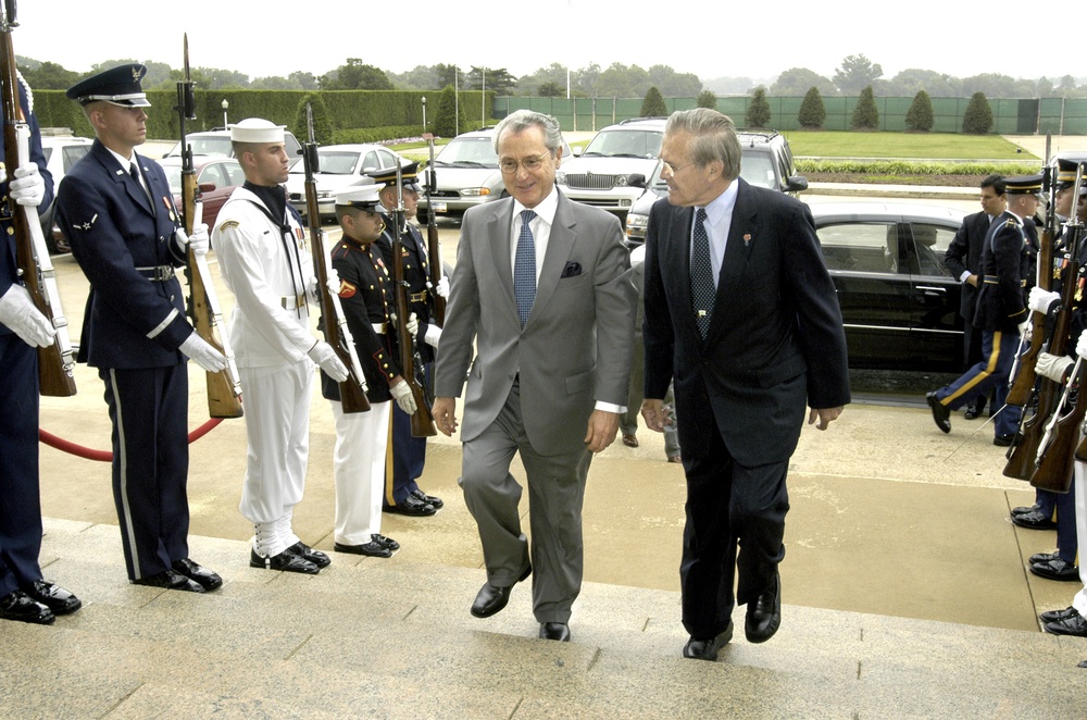 Secretary Rumsfeld escorts Colombian Minister of Defense Jorge Uribe into the Pentagon.