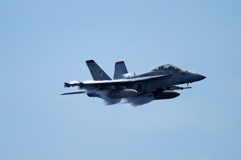 A U.S. Navy F/A-18F Super Hornet does a fly-by.