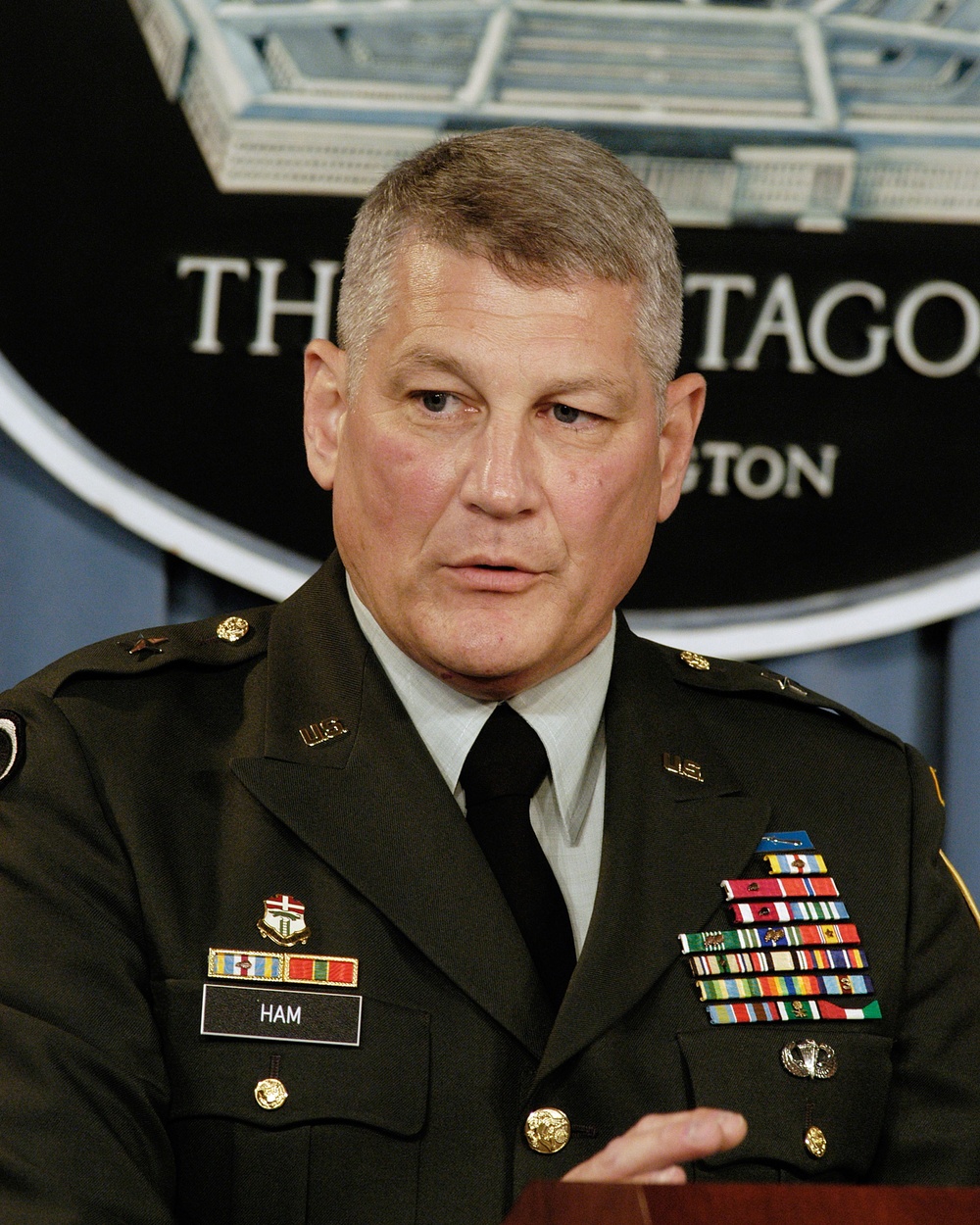 Brig. Gen. Carter Ham responds to a reporter's question during a Pentagon press briefing.