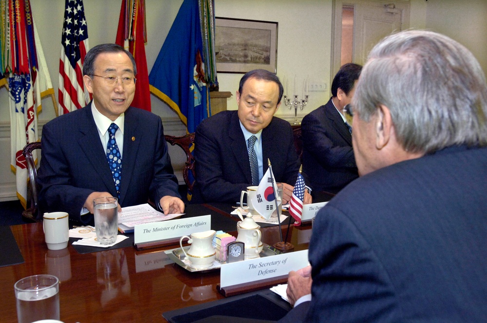 South Korean Minister of Foreign Affairs Ban Ki-moon meets with Secretary Rumsfeld in the Pentagon.