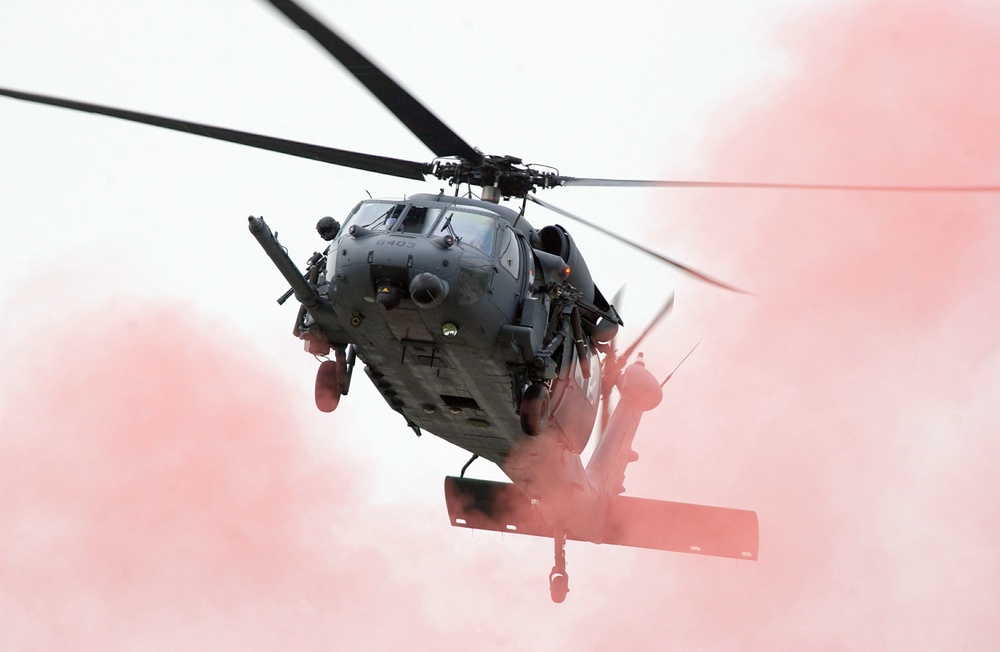 A MH-60 Pave Hawk helicopter comes in for a landing.