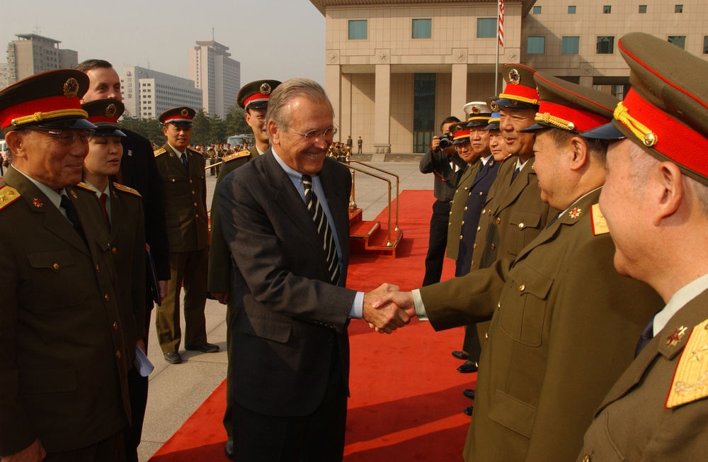 Chinese military officers greet Secretary Rumsfeld at the Bayi Building in Beijing, China.