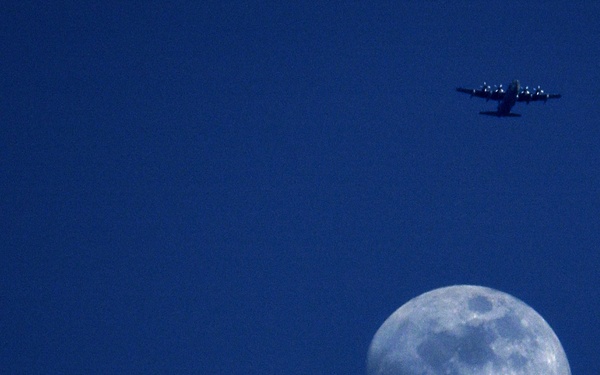 A U.S. Air Force C-130 Hercules approaches the Golf drop zone.