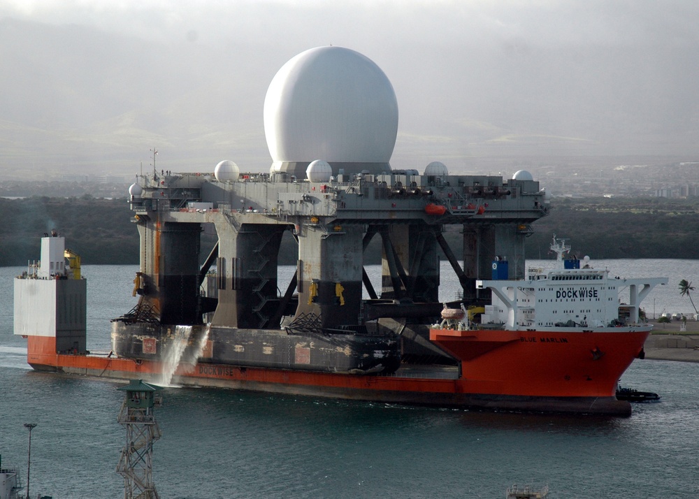 The heavy lift vessel MV Blue Marlin with its deck cargo of the Sea Based X-Band Radar enters Pearl Harbor. The heavy lift vessel MV Blue Marlin with its deck cargo of the Sea Based X-Band Radar enters Pearl Harbor.