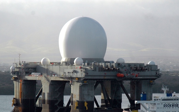 The heavy lift vessel MV Blue Marlin with its deck cargo of the Sea Based X-Band Radar enters Pearl Harbor.
