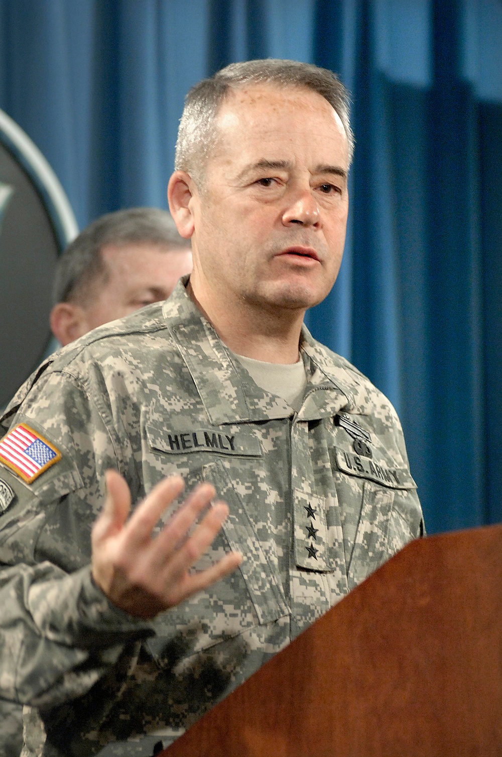 Lt. Gen. James Helmly responds to a reporter's question.