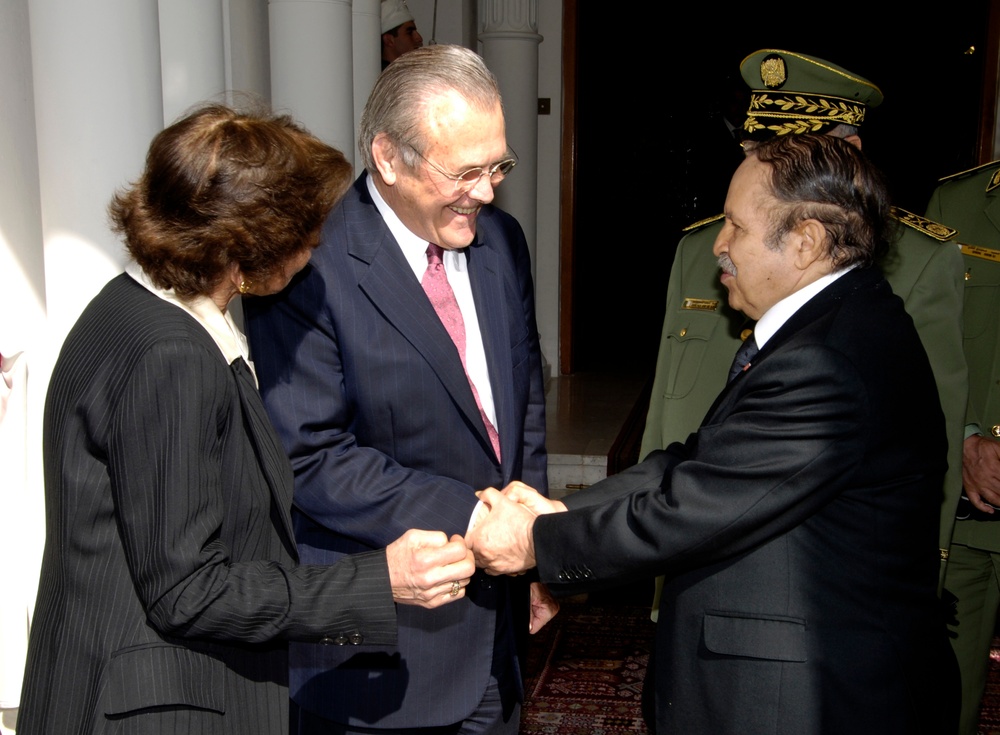 Secretary Rumsfeld says goodbye to Algerian President Abdelaziz Bouteflika.