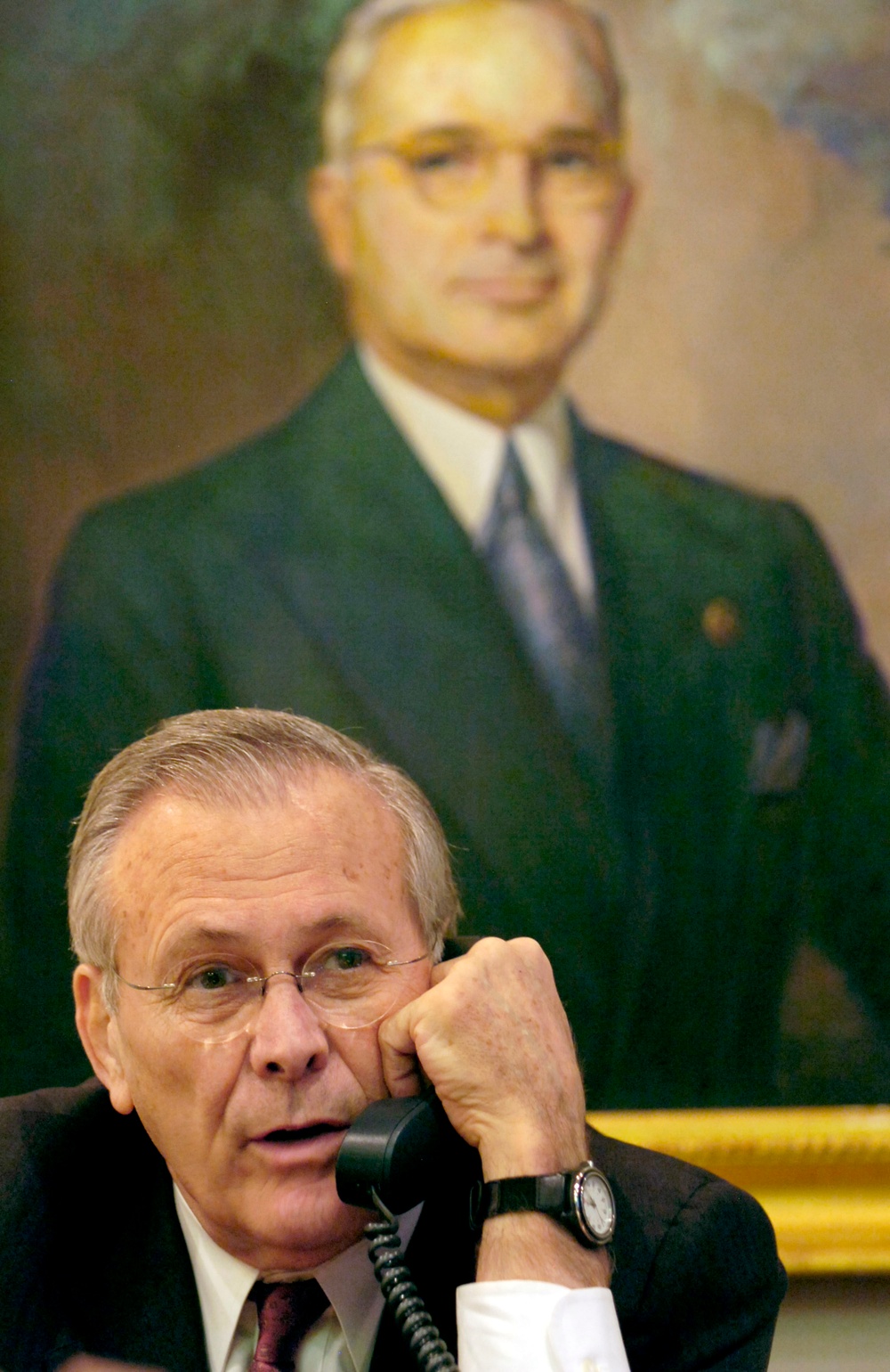 Secretary of Defense Donald H. Rumsfeld is interviewed over the phone.