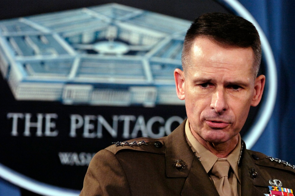 Gen. Peter Pace answers a reporter's question during a Pentagon press briefing.