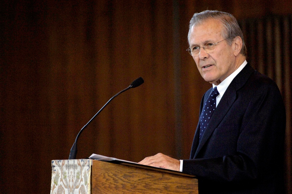 Secretary Rumsfeld eulogizes Caspar W. Weinberger during a memorial service.