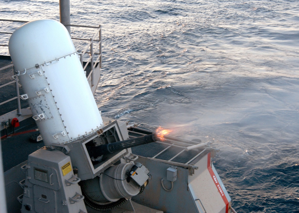 A Phalanx Close-In Weapons System fires during a training exercise.