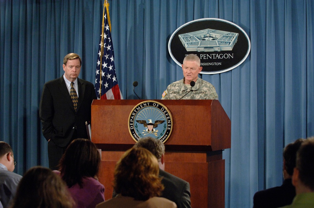 Army National Guard Director Lt. Gen. Clyde A. Vaughn and Assistant Secretary of Defense for Homeland Defense Paul McHale brief reporters.