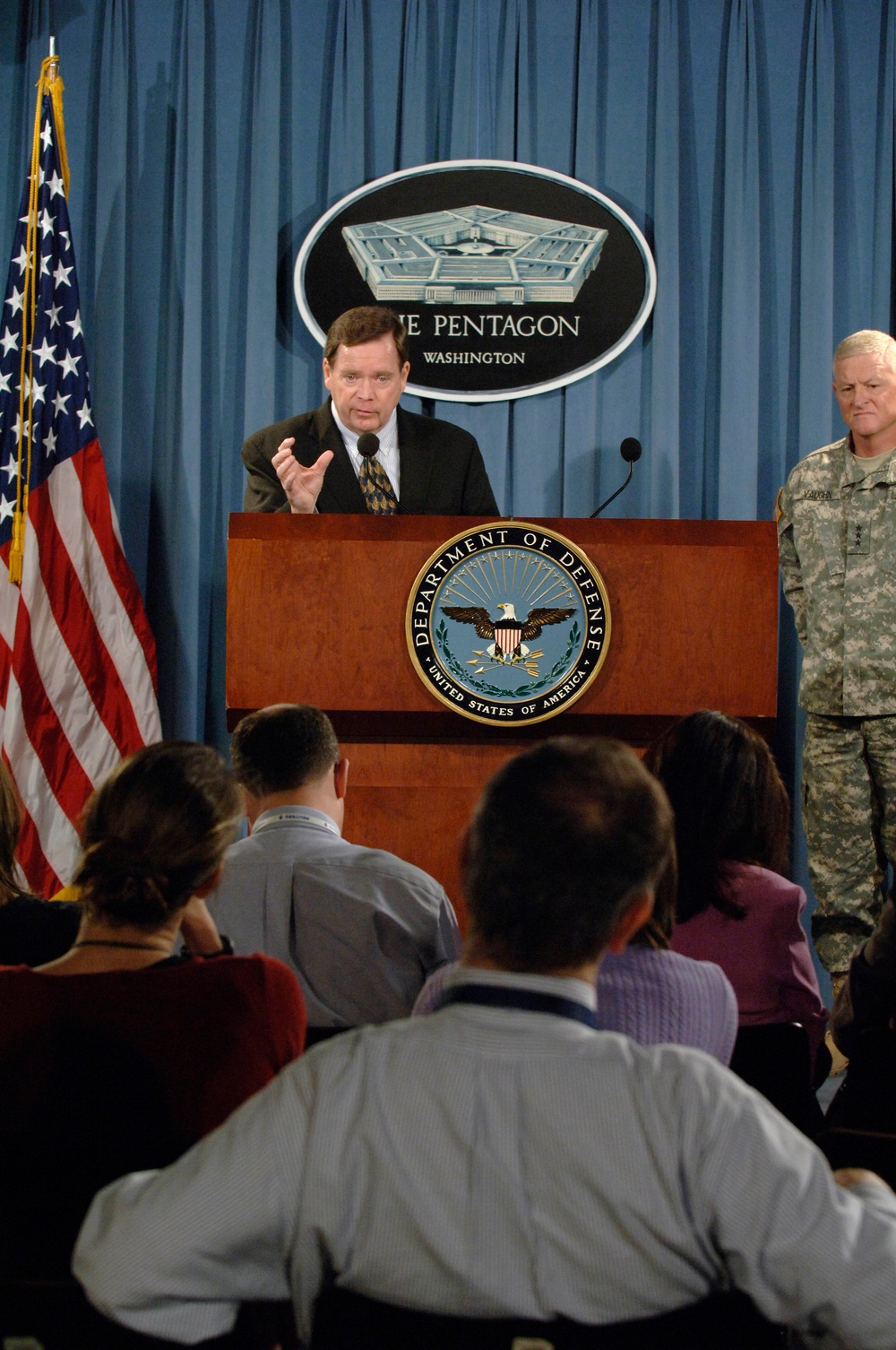 Assistant Secretary of Defense for Homeland Defense Paul McHale and Army National Guard Director Lt. Gen. Clyde A. Vaughn brief reporters.