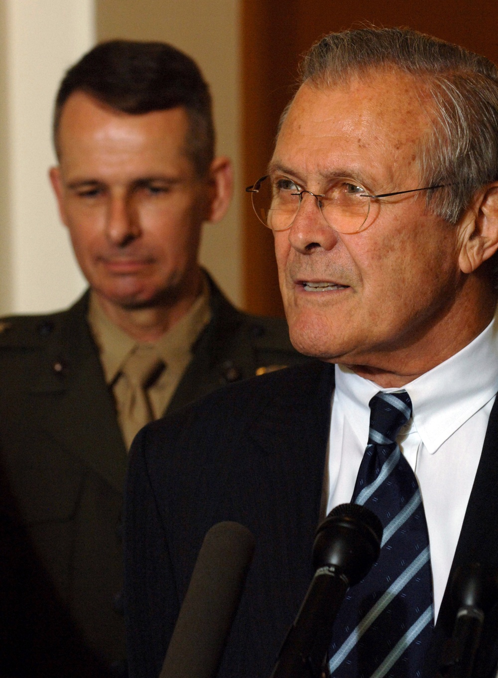 Secretary of Defense Donald H. Rumsfeld speaks to the press.