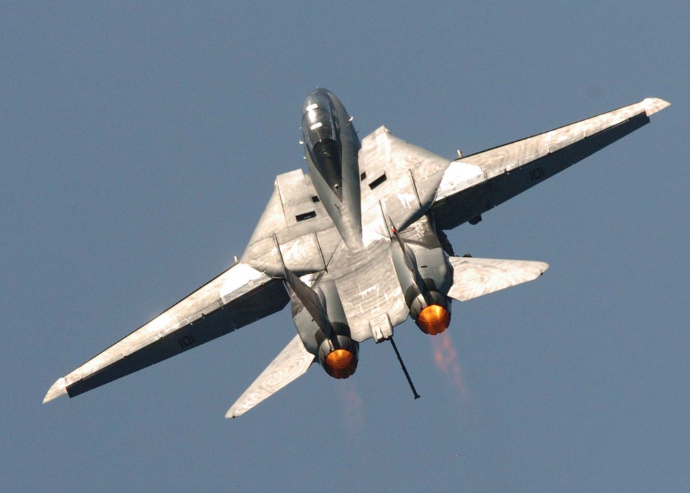 An F-14D Tomcat pulls up after performing a fly-by.