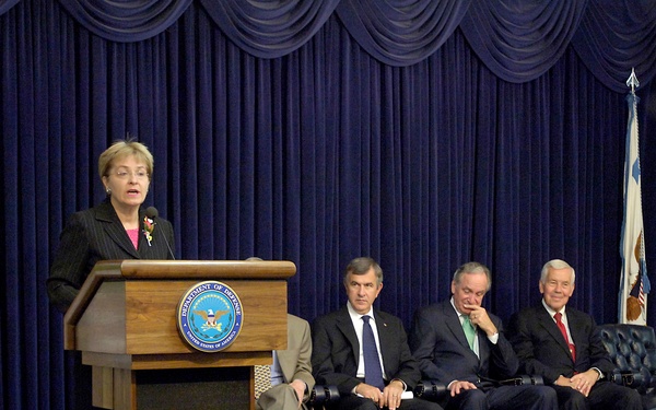 Ohio Rep. Marcy Kaptur addresses the audience assembled for the opening of a showcase of biobased products.