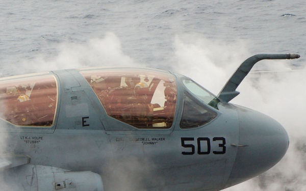 An EA-6B Prowler aircraft prepares to launch from one of the four steam-powered catapults.