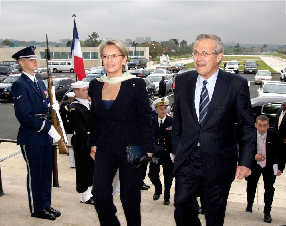 Secretary Rumsfeld escorts French Minister of Defense Michelle Alliot-Marie into the Pentagon.