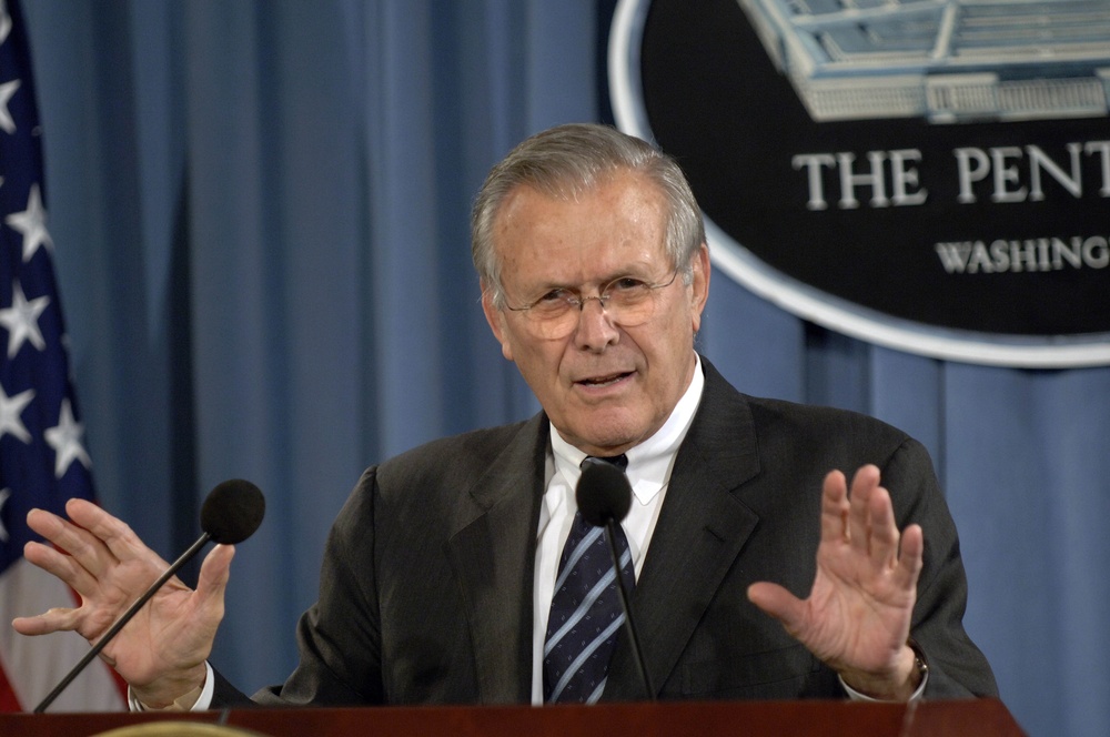 Secretary Rumsfeld gives his remarks during a press conference.