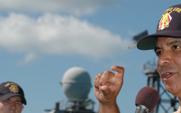 Master Chief Petty Officer of the Navy Joe R. Campa Jr. speaks with sailors.