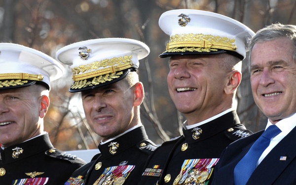 President Bush, Gen. Hagee, Gen. Pace, and Lt. Gen. Amos attend an official opening ceremony.