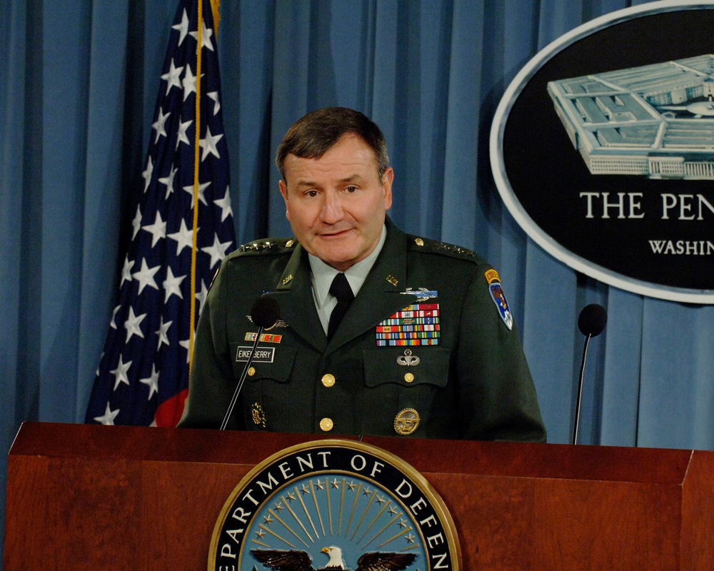Lt. Gen. Karl Eikenberry conducts a press briefing in the Pentagon.