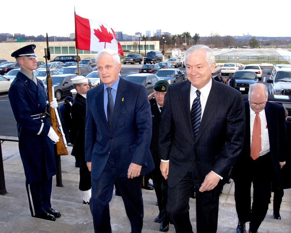 Secretary Gates escorts Canadian Minister of National Defence Gordon O'Connor into the Pentagon.