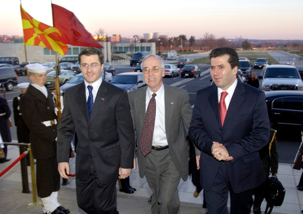 Deputy Secretary England escorts Macedonian Minister of Defense Elenovski and Albanian Minister of Defense Mediu into the Pentagon.