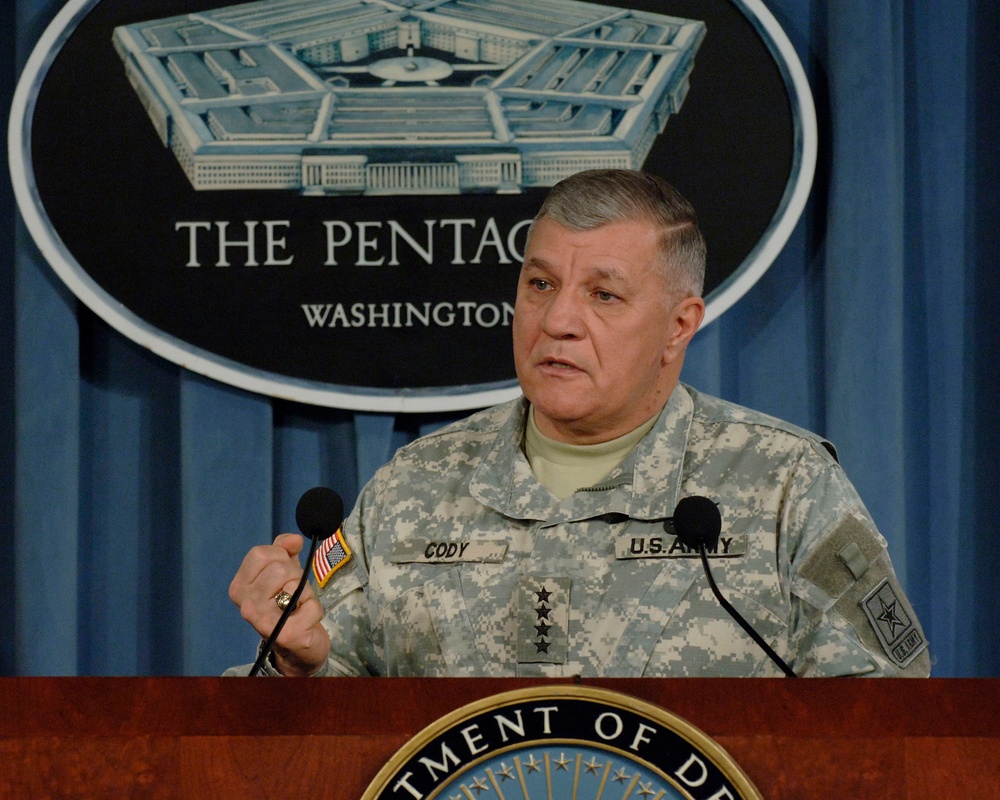 Gen. Richard A. Cody responds to a reporter's question.