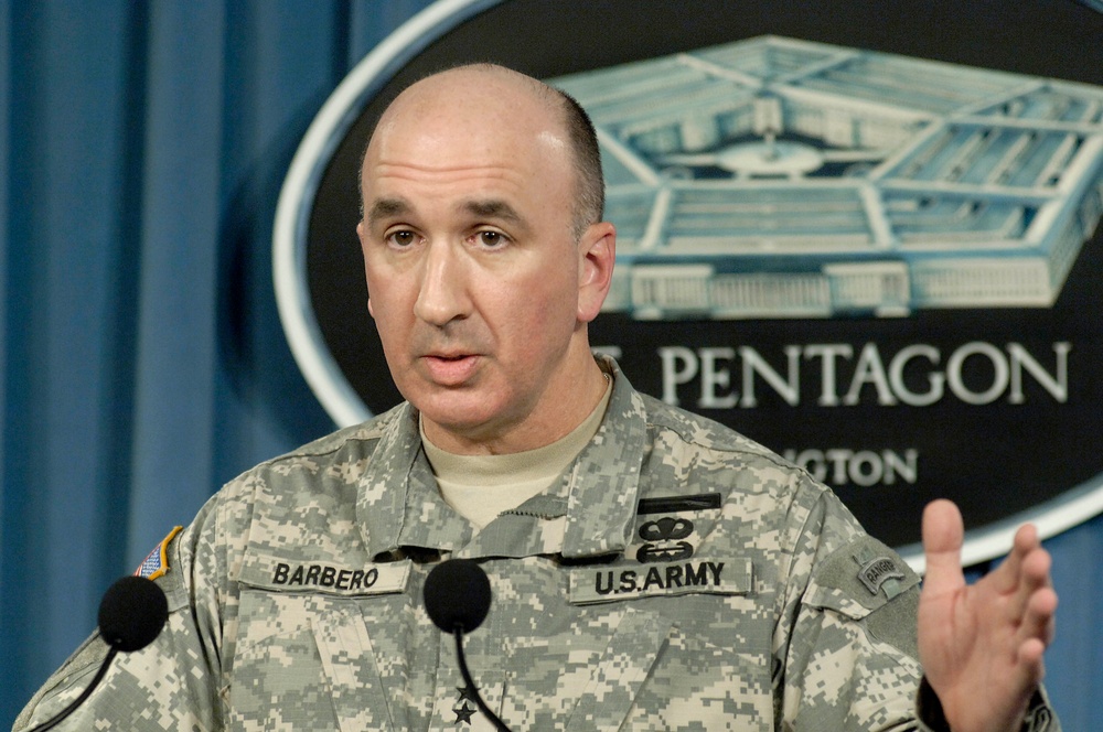 Maj. Gen. Michael Barbero, U.S. Army, conducts a briefing.