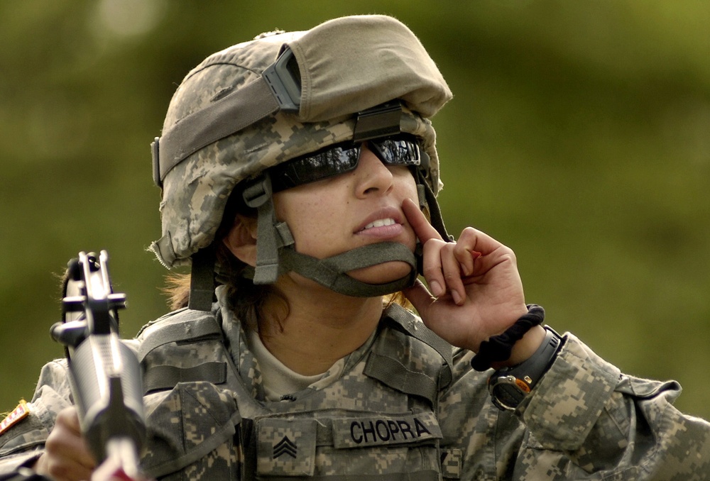 U.S. Army Sgt. Jasmine Chopra listens to a briefing.